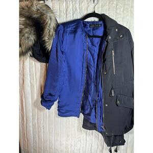Zara Removable Lining Hood & Fur Winter Coat Jacket Black Blue Satin Medium M